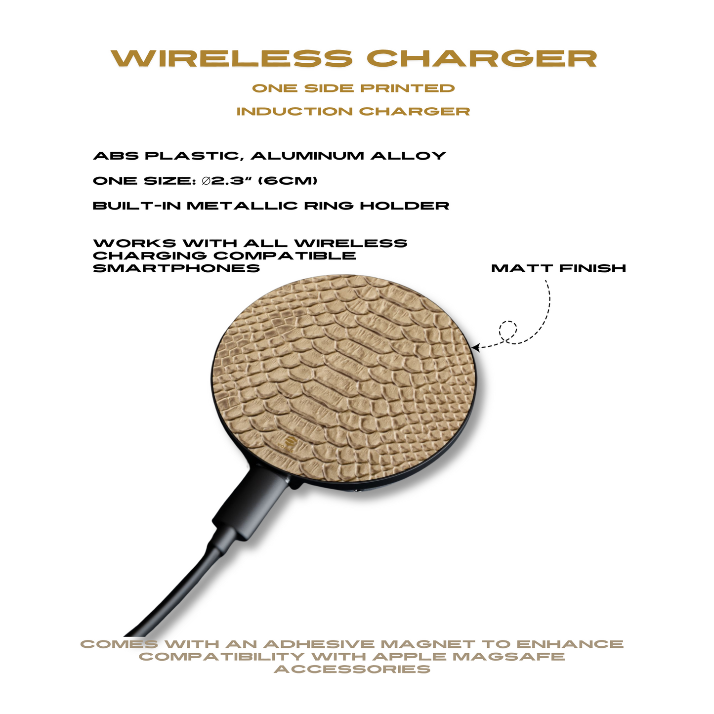 Cargador magnético de inducción en color beige con diseño de piel de serpiente