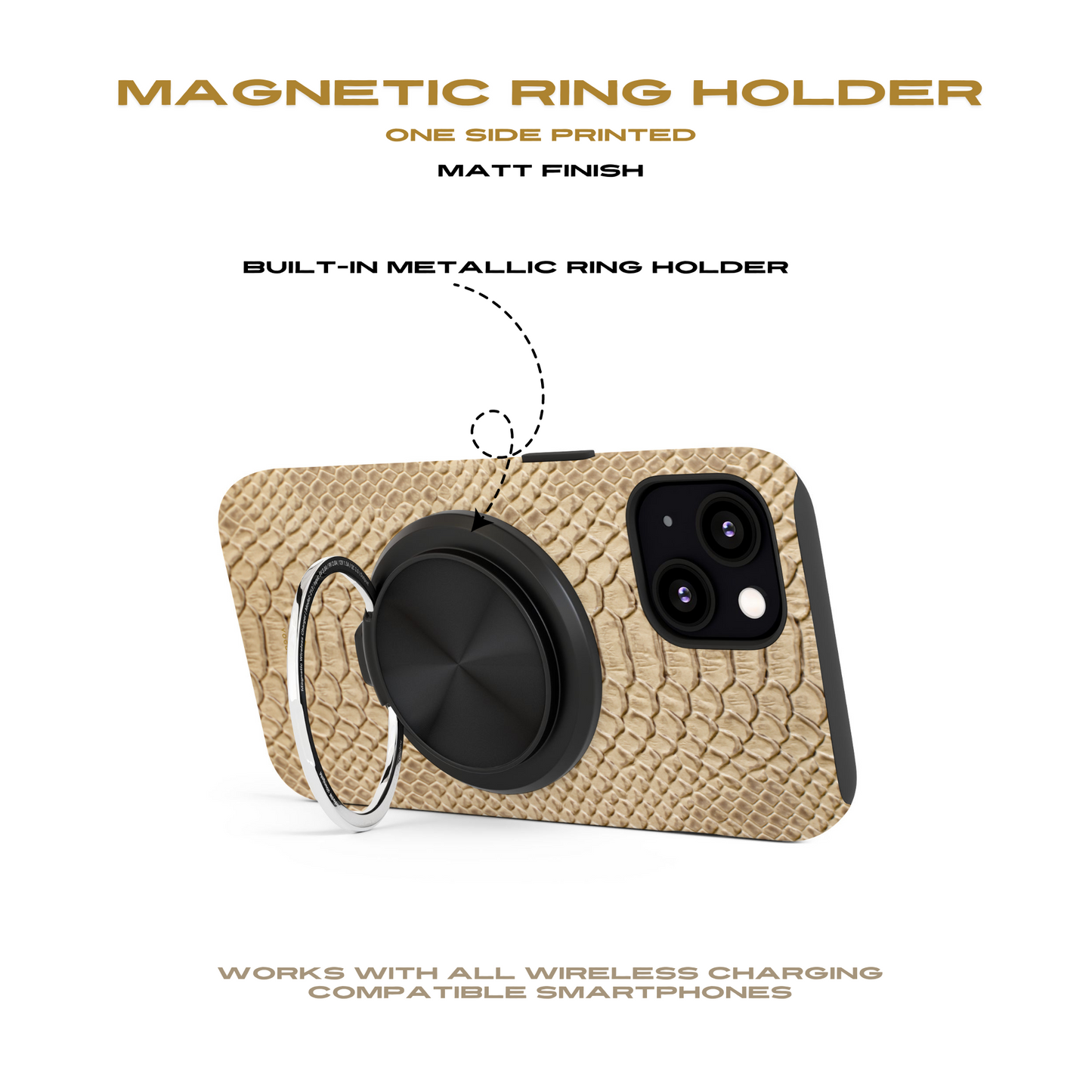 Cargador magnético de inducción en color beige con diseño de piel de serpiente