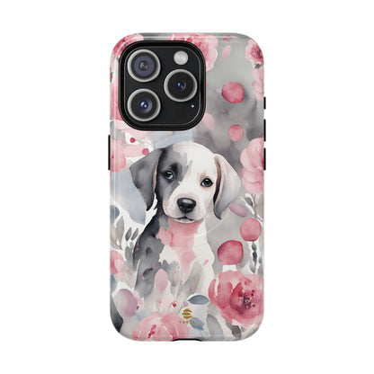 Cute Puppy with Flowers Magsafe Tough Case Pink & Grey Durable Protective cover