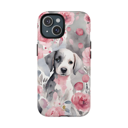 Cute Puppy with Flowers Magsafe Tough Case Pink & Grey Durable Protective cover