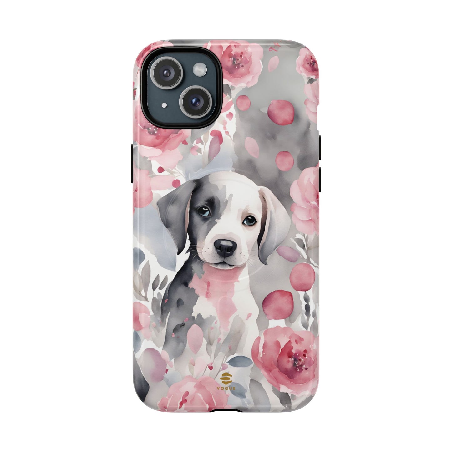 Cute Puppy with Flowers Magsafe Tough Case Pink & Grey Durable Protective cover