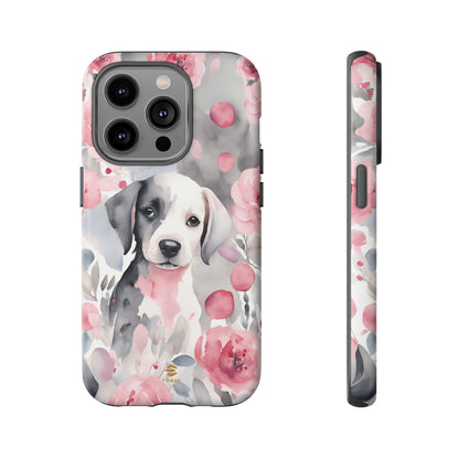 Cute Puppy with Flowers iPhone Tough Case Pink & Grey Durable Protective cover