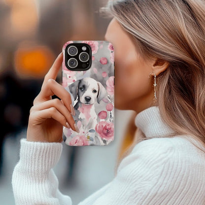 Cute Puppy with Flowers iPhone Tough Case Pink & Grey Durable Protective cover