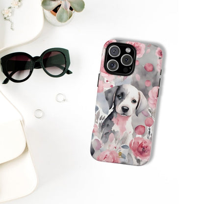 Cute Puppy with Flowers iPhone Tough Case Pink & Grey Durable Protective cover