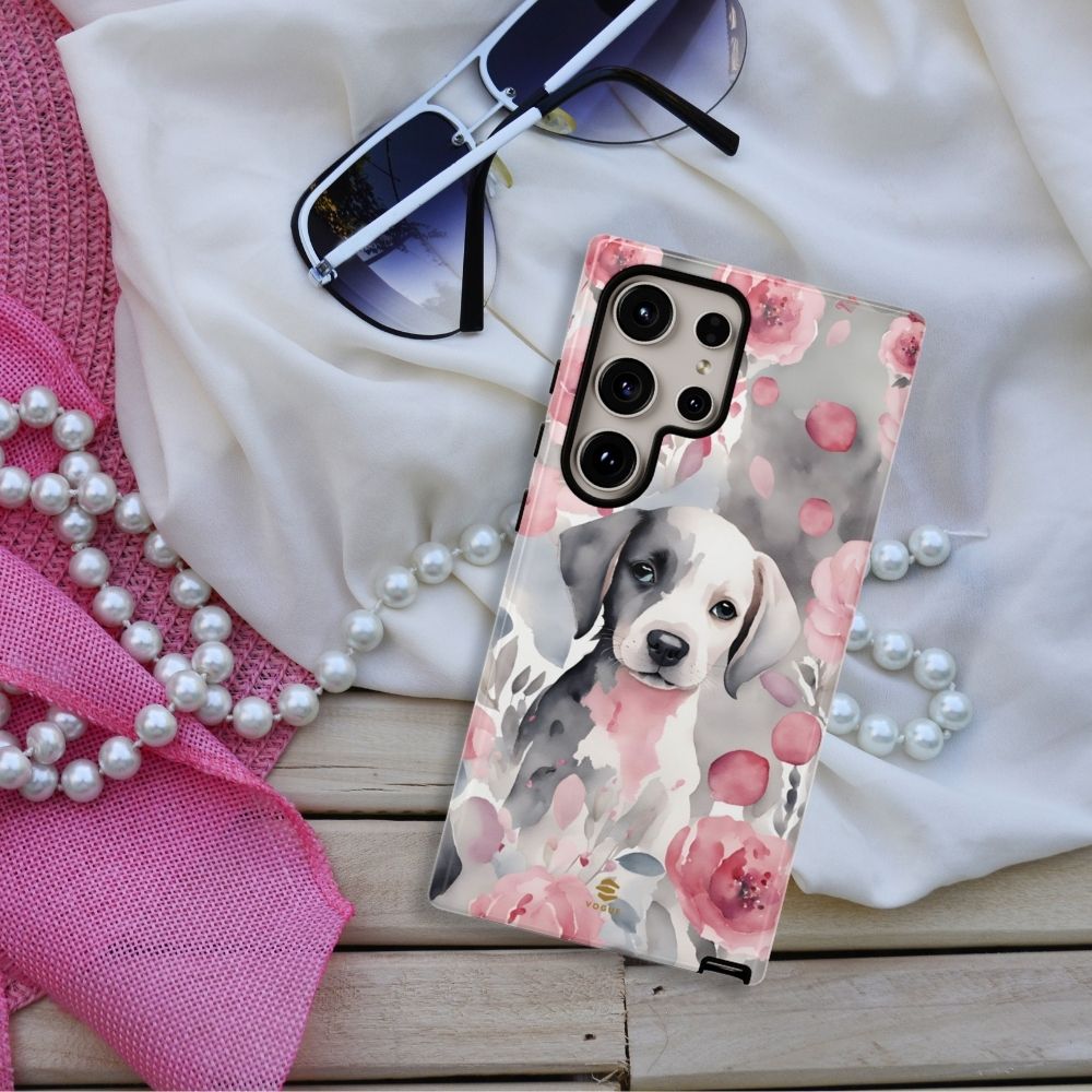 Cute Puppy Samsung Phone Case, Love, Valentine's Day Gift for Her Pink & Grey Protective cover