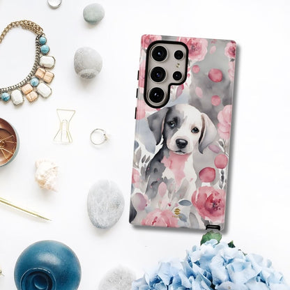 Cute Puppy Samsung Phone Case, Love, Valentine's Day Gift for Her Pink & Grey Protective cover