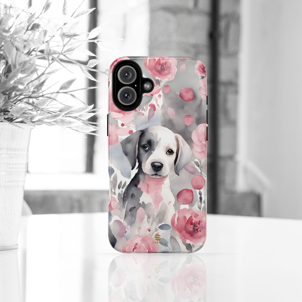 Cute Puppy with Flowers Magsafe Tough Case Pink & Grey Durable Protective cover